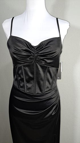 Blondie Nites Black Satin Corset Evening Gown Size 9/10 | Side Slit Formal Dress NWT 6
