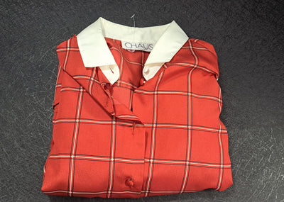 Vintage CHAUS Red Plaid Button-Up Blouse With White Collar – Women’s Size 14 (Fits Smaller Than Modern Size 14) 16