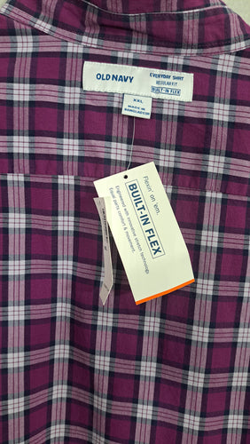 NWT Old Navy Everyday Shirt Built-In Flex Regular Fit Purple Plaid Button Down Men's XXL 6