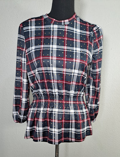 Alex & Parker Plaid Smocked Peplum Blouse Women's Small Navy Red White Long Sleeve, NWT 2