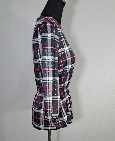 Alex & Parker Plaid Smocked Peplum Blouse Women's Small Navy Red White Long Sleeve, NWT 3
