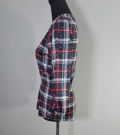 Alex & Parker Plaid Smocked Peplum Blouse Women's Small Navy Red White Long Sleeve, NWT 11