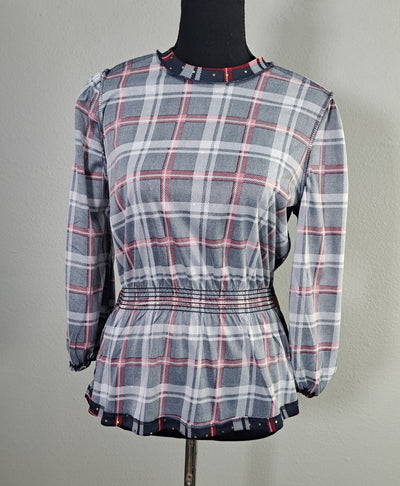 Alex & Parker Plaid Smocked Peplum Blouse Women's Small Navy Red White Long Sleeve, NWT 7