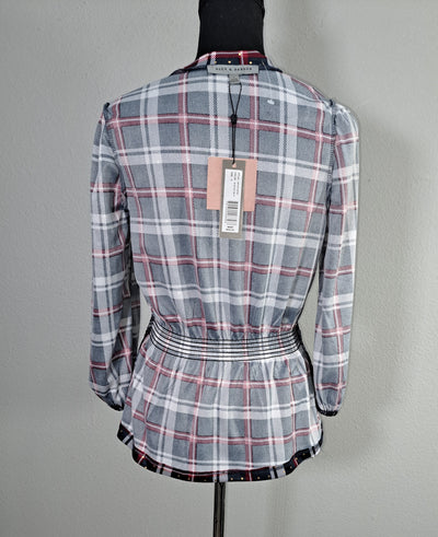 Alex & Parker Plaid Smocked Peplum Blouse Women's Small Navy Red White Long Sleeve, NWT 8
