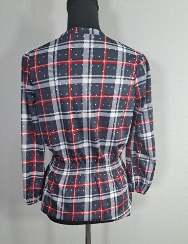 Alex & Parker Plaid Smocked Peplum Blouse Women's Small Navy Red White Long Sleeve, NWT 13