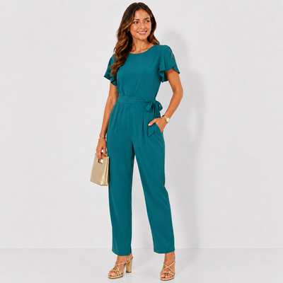 NEW Calvin Klein Emerald Green Flutter Sleeve Belted Straight Leg Jumpsuit Women's Size 10 NWT 1