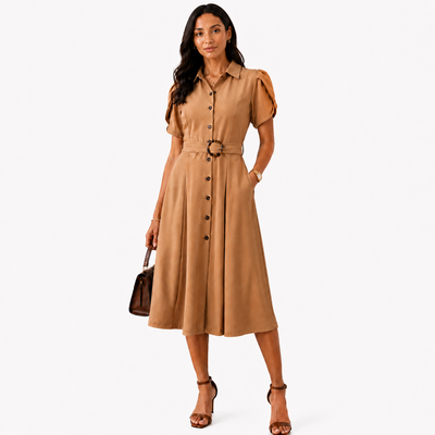 Calvin Klein Women's Camel Belted Button Front Midi Shirt Dress Size 6 Puff Sleeve, NWT. 1