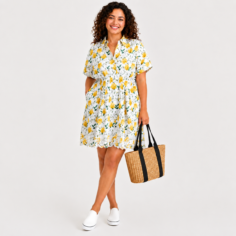 ON 34TH Plus Size Floral Cutwork Mini Shirtdress – Size 2XL – White & Yellow Spring Dress