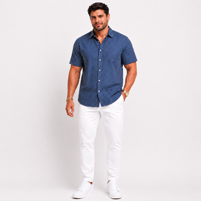 Old Navy Men’s Everyday Shirt XXXL Blue White Stripe Short Sleeve Button Front Regular Fit NWT 1