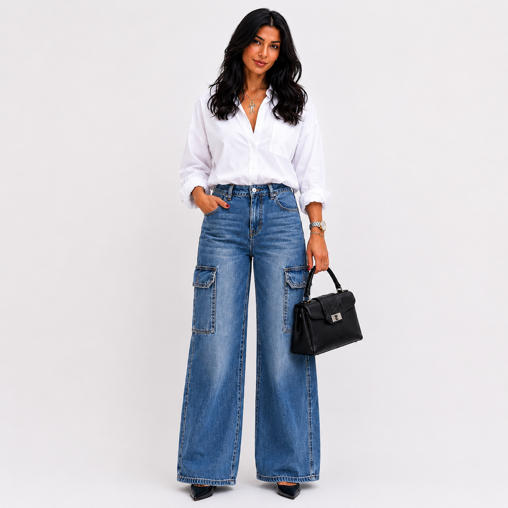 True Religion Women’s Cargo Jeans – Medium Wash Denim Multi-Pocket Utility Style, Size 30.