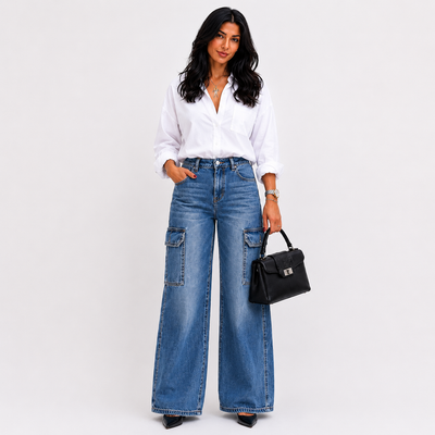 True Religion Women’s Cargo Jeans – Medium Wash Denim Multi-Pocket Utility Style, Size 30. 1