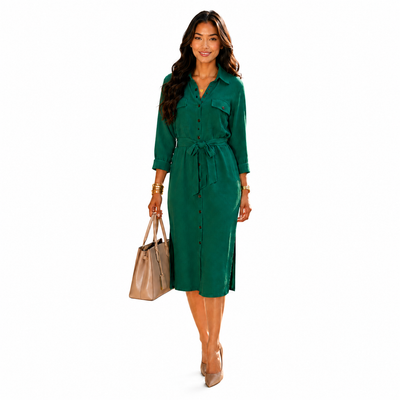 DKNY Women's Green Button Front Shirt Dress Belted Long Sleeve Size 14 NWT 14
