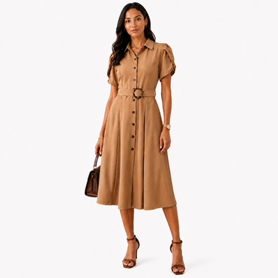 Calvin Klein Women's Camel Belted Button Front Midi Shirt Dress Size 6 Puff Sleeve, NWT. 10