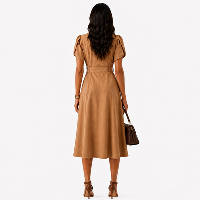 Calvin Klein Women's Camel Belted Button Front Midi Shirt Dress Size 6 Puff Sleeve, NWT. 12