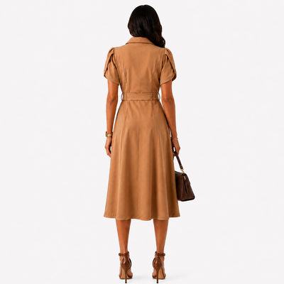 Calvin Klein Women's Camel Belted Button Front Midi Shirt Dress Size 6 Puff Sleeve, NWT. 4