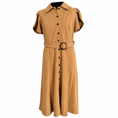 Calvin Klein Women's Camel Belted Button Front Midi Shirt Dress Size 6 Puff Sleeve, NWT. 2