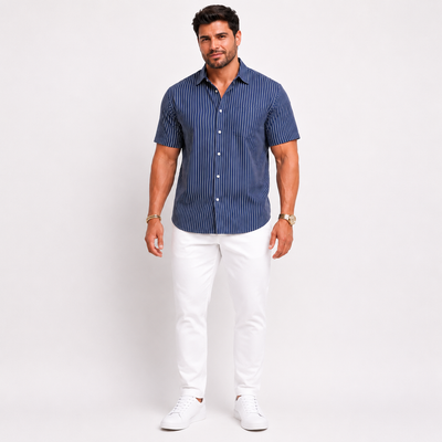 Old Navy Men’s Everyday Shirt XXXL Blue White Stripe Short Sleeve Button Front Regular Fit NWT 7