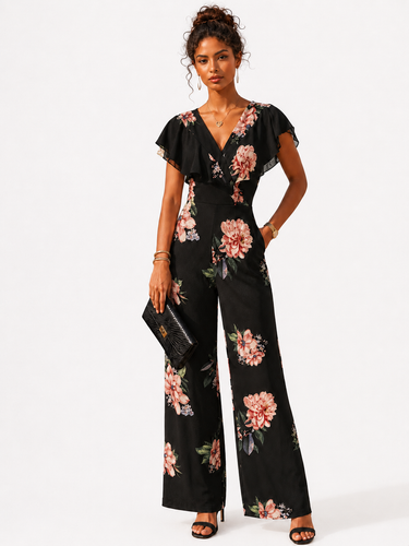 NEW Nicole Miller Studio Black Floral Flutter Sleeve Wide Leg Jumpsuit Women's Size 4 NWT 11