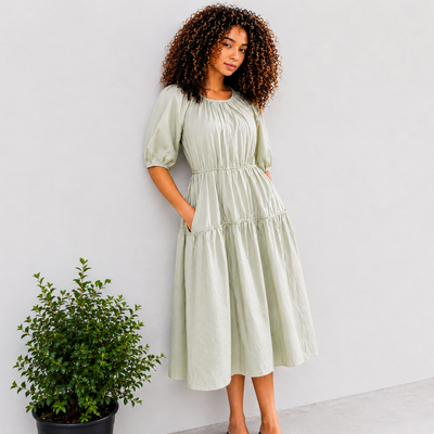 Melloday Sage Green Tiered, Puff Sleeve, Pockets, Boho Dress Size Xs. (New – Listed as Used) 10