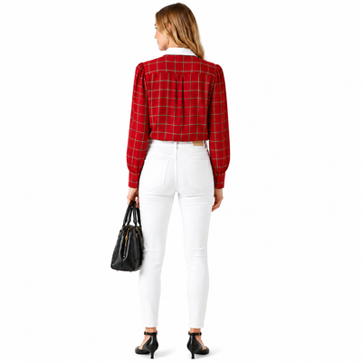 Vintage CHAUS Red Plaid Button-Up Blouse With White Collar – Women’s Size 14 (Fits Smaller Than Modern Size 14) 5