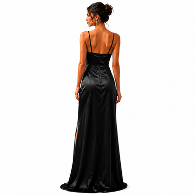 Blondie Nites Black Satin Corset Evening Gown Size 9/10 | Side Slit Formal Dress NWT 15