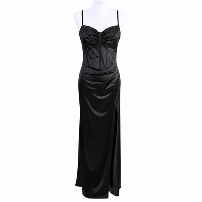 Blondie Nites Black Satin Corset Evening Gown Size 9/10 | Side Slit Formal Dress NWT 16