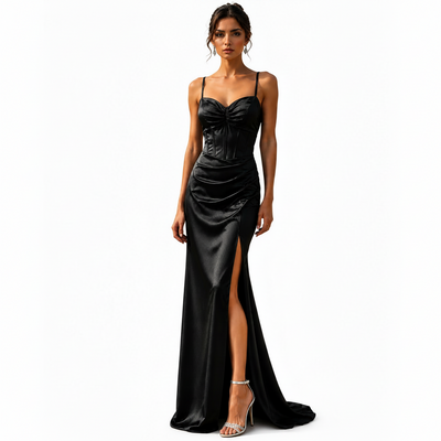Blondie Nites Black Satin Corset Evening Gown Size 9/10 | Side Slit Formal Dress NWT 1