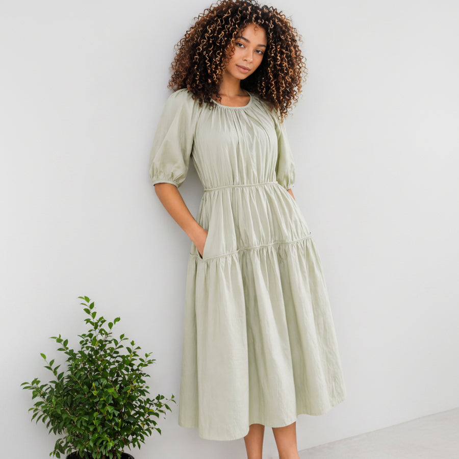 Melloday Sage Green Tiered, Puff Sleeve, Pockets, Boho Dress Size Xs. (New – Listed as Used)