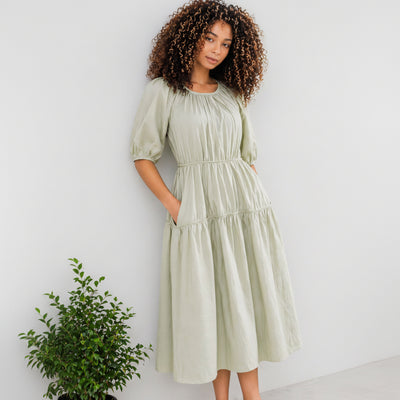 Melloday Sage Green Tiered, Puff Sleeve, Pockets, Boho Dress Size Xs. (New – Listed as Used) 1