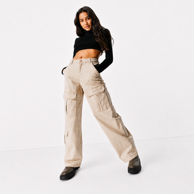 Flowy Satin-Look Cargo Pants – Cream Neutral Utility Style, Size L. 1