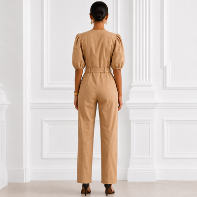 Nine West Women's Tan V-Neck Button Front Belted Jumpsuit, Size Xsmall. 5