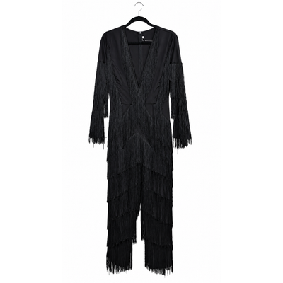 Miss Ord Black Fringe Long Sleeve Deep V Jumpsuit Size Large NWT 9