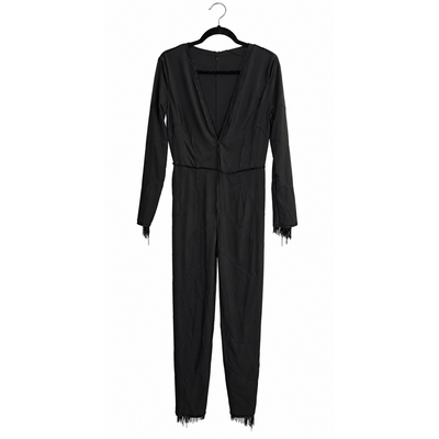 Miss Ord Black Fringe Long Sleeve Deep V Jumpsuit Size Large NWT 7