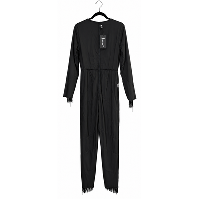Miss Ord Black Fringe Long Sleeve Deep V Jumpsuit Size Large NWT 6