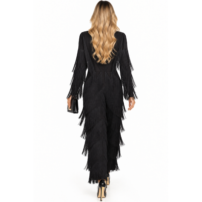 Miss Ord Black Fringe Long Sleeve Deep V Jumpsuit Size Large NWT 3