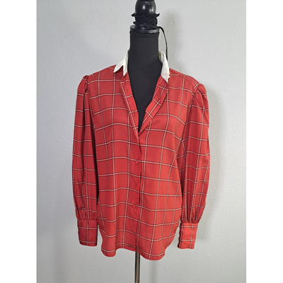 Vintage CHAUS Red Plaid Button-Up Blouse With White Collar – Women’s Size 14 (Fits Smaller Than Modern Size 14) 7