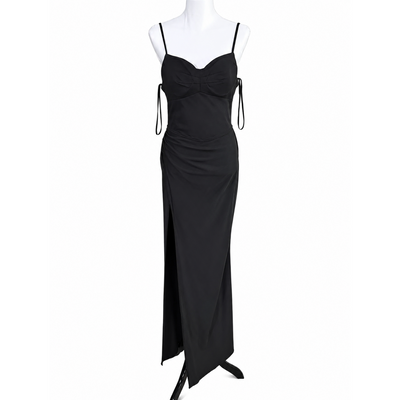 Blondie Nites Black Satin Corset Evening Gown Size 9/10 | Side Slit Formal Dress NWT 11