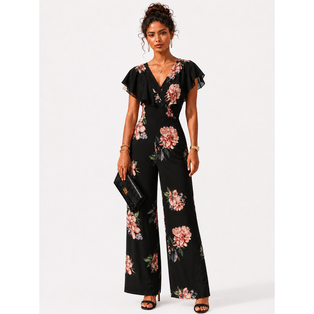 NEW Nicole Miller Studio Black Floral Flutter Sleeve Wide Leg Jumpsuit Women's Size 4 NWT
