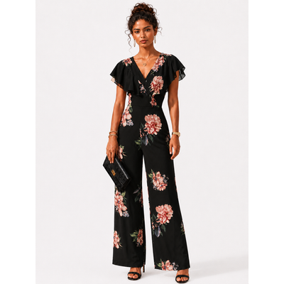 NEW Nicole Miller Studio Black Floral Flutter Sleeve Wide Leg Jumpsuit Women's Size 4 NWT 1