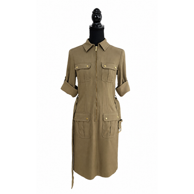 Michael Kors Utility Shirt Dress Olive Green Gold Zip Belted XS New, NWT. 2