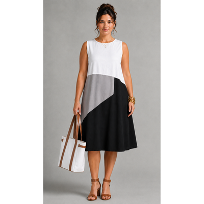 For Cynthia Womens Size XL, Colorblock Linen Blend Sleeveless Midi Dress Black White Gray NWT 10