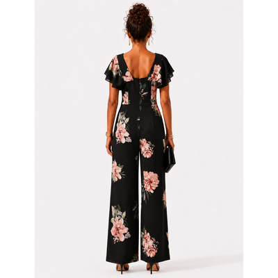 NEW Nicole Miller Studio Black Floral Flutter Sleeve Wide Leg Jumpsuit Women's Size 4 NWT 3