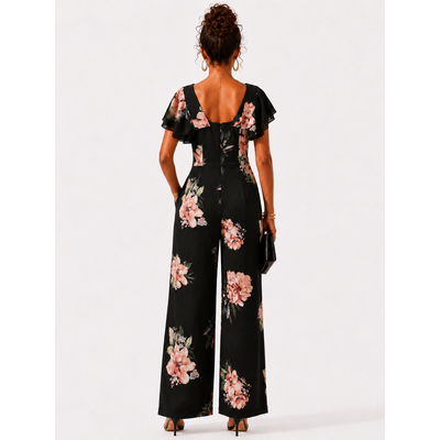 NEW Nicole Miller Studio Black Floral Flutter Sleeve Wide Leg Jumpsuit Women's Size 4 NWT 13