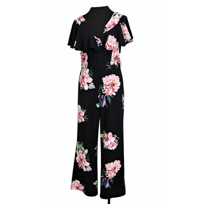 NEW Nicole Miller Studio Black Floral Flutter Sleeve Wide Leg Jumpsuit Women's Size 4 NWT 2