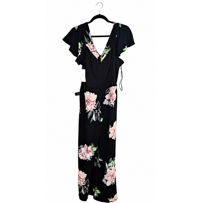 NEW Nicole Miller Studio Black Floral Flutter Sleeve Wide Leg Jumpsuit Women's Size 4 NWT 7