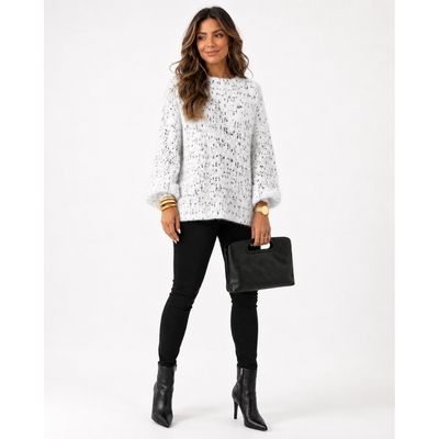 Calligraphie Soft Mock Turtleneck Sweater White Black Speckled Eyelash Knit 3/4 Sleeve, Size L. 10