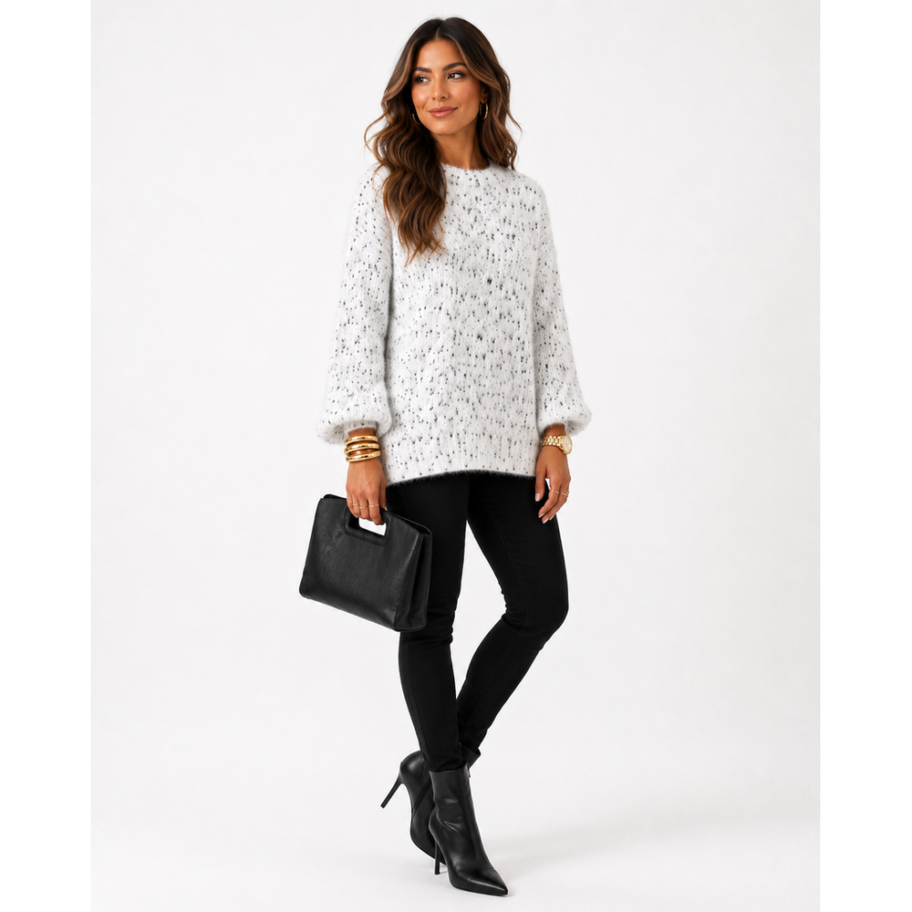 Calligraphie Soft Mock Turtleneck Sweater White Black Speckled Eyelash Knit 3/4 Sleeve, Size L.
