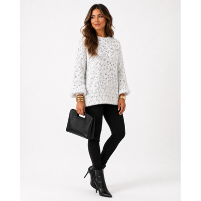 Calligraphie Soft Mock Turtleneck Sweater White Black Speckled Eyelash Knit 3/4 Sleeve, Size L. 1