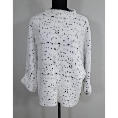 Calligraphie Soft Mock Turtleneck Sweater White Black Speckled Eyelash Knit 3/4 Sleeve, Size L. 2
