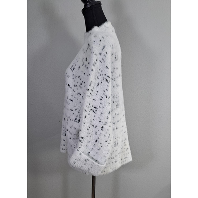 Calligraphie Soft Mock Turtleneck Sweater White Black Speckled Eyelash Knit 3/4 Sleeve, Size L. 9